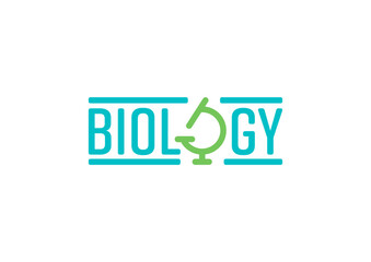 biology logo with microscope on white background. turquoise biology word and green microscope symbol