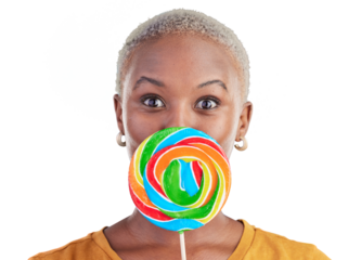Lollipop, excited and portrait of black woman with candy in studio for sweets, rainbow and creativity. Happy, young and African female person with sugar isolated by transparent png background.