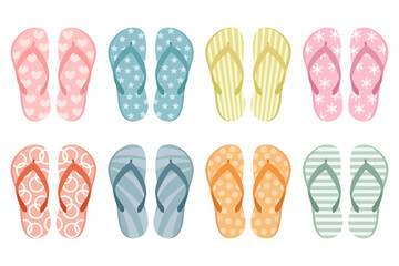 A set of colorful rubber flip flops. Illustration of summer shoes, top view of slippers. Pool shoes. Flat design. Icons, vector