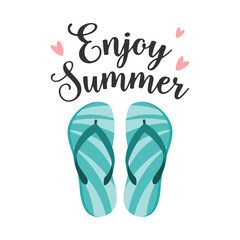 Colorful flip flops, summer slippers and Enjoy summer quote. Summer background, print on t-shirts, vector