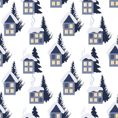 Seamless pattern, winter rural landscape with houses in the snow, fir trees and trees. Print, vector	
