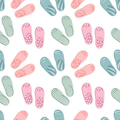 Seamless pattern with colorful flip flops, summer slippers on a white background. Pool shoes background, print, vector
