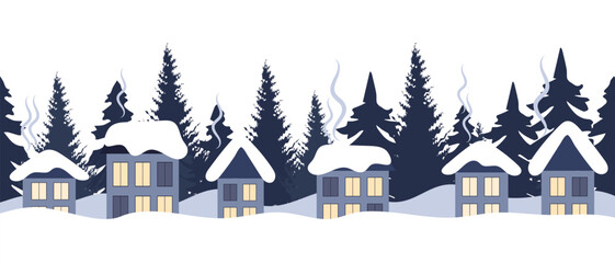 Winter landscape with houses in the snow, fir trees and trees. Seamless border pattern for text. Template, print, vector