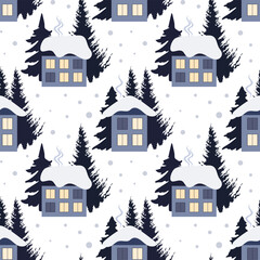 Fototapeta na wymiar Seamless pattern, winter rural landscape with houses in the snow, fir trees and trees. Print, vector 