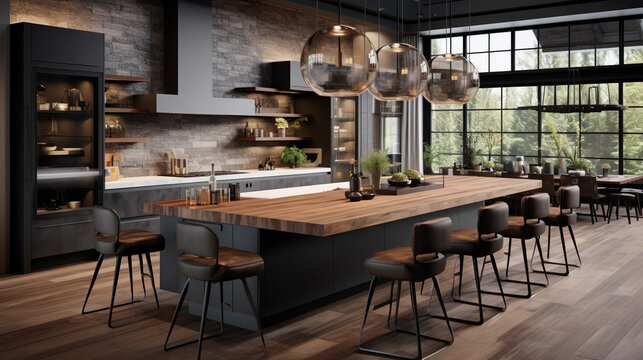 A modern kitchen with a large island pendant lighting