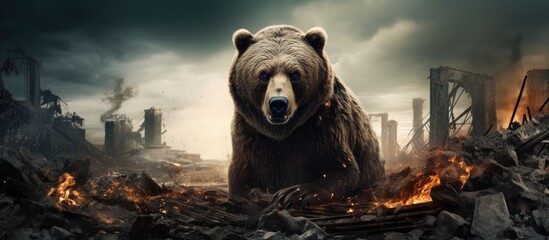 Altering images of urban destruction caused by bears through digital editing techniques - obrazy, fototapety, plakaty