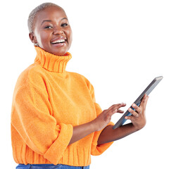 Happy, portrait and woman with tablet for social media update, search internet or download ebook...