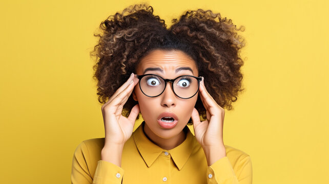 Photo of young funny african american woman brown hair pouty lips unexpected holding specs cant believe her eyes isolated on yellow color background.
