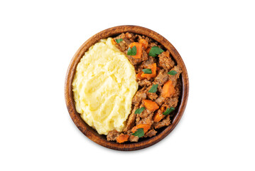 Beef stew with mashed potatoes on a white isolated background