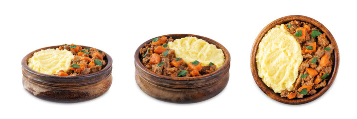 Beef stew with mashed potatoes on a white isolated background
