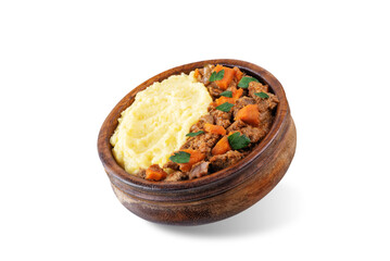 Beef stew with mashed potatoes on a white isolated background