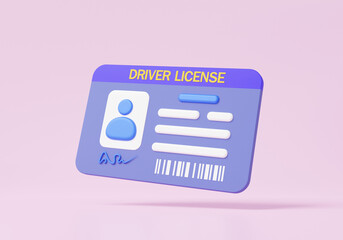 Minimal cartoon driver license Id card icon on pink background. Identification staff company profile name personal badge, human resources, national, avatar, verify identity concept. 3d render - obrazy, fototapety, plakaty