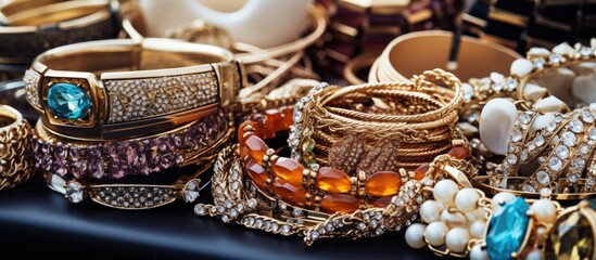 A wide variety of women s jewelry and accessories are showcased including bracelets earrings necklaces and rings - obrazy, fototapety, plakaty