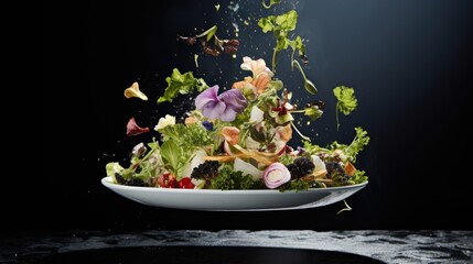  a white plate topped with a salad covered in lettuce and other veggies flying out of it.  generative ai