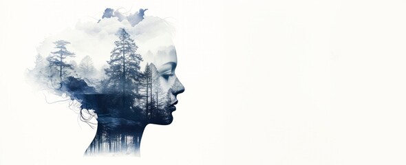 a woman's silhouette features a background of trees and mountains,  Double exposure portrait, People and nature concept.banner, wallpaper, copy space for text © XC Stock