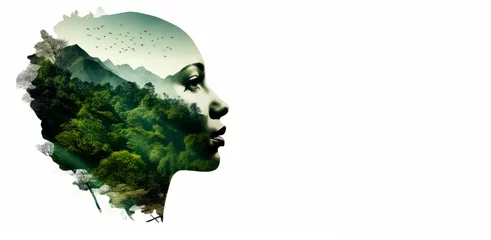 a woman's silhouette features a background of trees and mountains,  Double exposure portrait, People and nature concept.banner, wallpaper, copy space for text © XC Stock