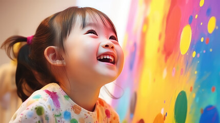 Joyful little girl draw on wall painted with rainbow colors. Drawing for children, additional early education.  - obrazy, fototapety, plakaty