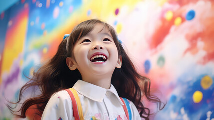 Joyful little girl draw on wall painted with rainbow colors. Drawing for children, additional early education. 