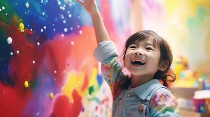 Joyful little girl draw on wall painted with rainbow colors. Drawing for children, additional early education. 