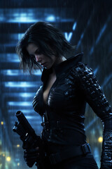 Naklejka premium Woman with the gun in the city, Assassin 4K Wallpaper.