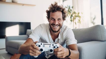 Smiling young man hold game controller in hands, sitting on couch in living room. Playing video games on console, fun, entertainment.  - obrazy, fototapety, plakaty