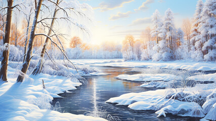 Colorful illustration of a winter landscape with a river and a forest,Generated by AI