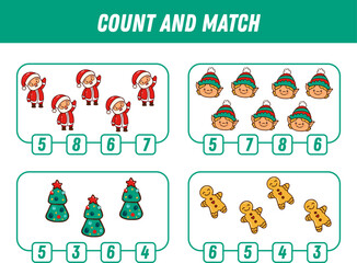 Education game for children count and match of winter elements,  printable worksheet. Xmas. Vector