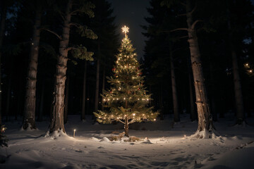 Ilustración árbol de Navidad en medio del bosque oscuro