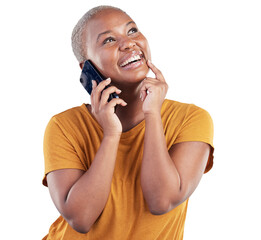 Happy black woman, smartphone call and thinking of choice, mobile news plan or networking...