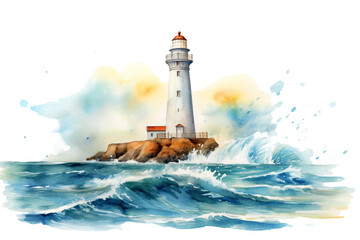 lighthouse on the coast isolated against transparent background in watercolor design - obrazy, fototapety, plakaty