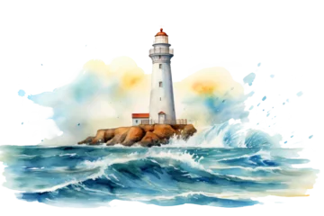 Fotobehang lighthouse on the coast isolated against transparent background in watercolor design © bmf-foto.de
