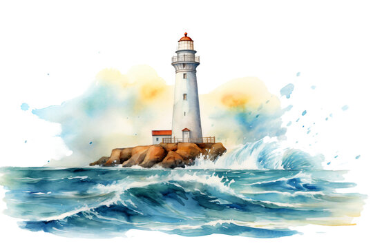 lighthouse on the coast isolated against transparent background in watercolor design
