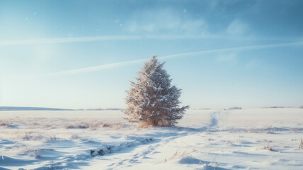 Snow covered fir trees alone in the middle of winter landscape without people and other trees.Foggy forest, copy space