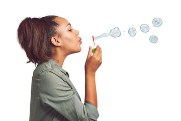 Woman, profile and blowing bubbles with wand standing isolated on a transparent PNG background....