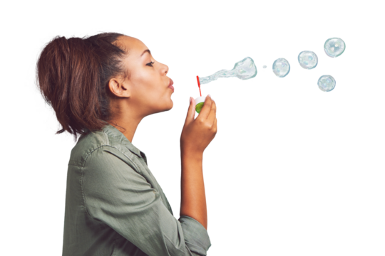 Woman, profile and blowing bubbles with wand standing isolated on a transparent PNG background. Young and happy female person or model playing with bubble stick for fun activity or playful time - Powered by Adobe