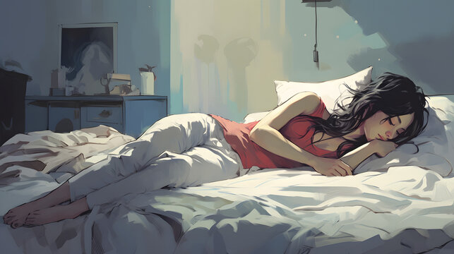 young woman sleeping on her bed, digital painting