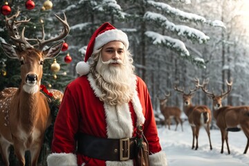 Santa Claus in the winter forest with a deer in Christmas decoration