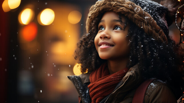 Cute Curly African Child At Christmas Market Looking Up At Christmas Tree Or Display Case. 