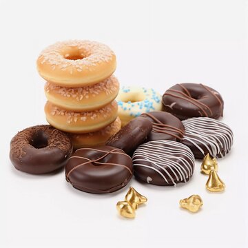 Jewish Hanukkah holiday image with donuts, traditional chocolate coins and wooden dreamers. isolated on white, AI generator
