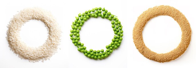 Rice, green peas and couscous circle frames over white background - obrazy, fototapety, plakaty
