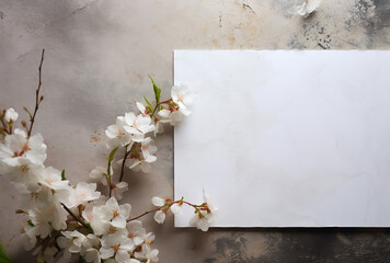 Beautiful flowers background, flat lay. Space for text. Blank sheet of paper and spring cherry blossom background. grunge background. greeting card with branch of blossoming tree background. mocap