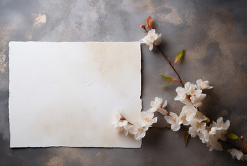 Beautiful flowers background, flat lay. Space for text. Blank sheet of paper and spring cherry blossom background. grunge background. greeting card with branch of blossoming tree background. mocap