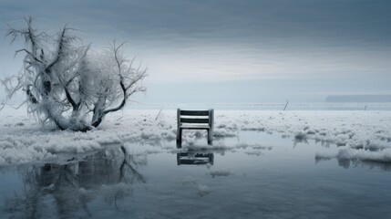  a wooden bench sitting in the middle of a frozen lake next to a tree and a tree with no leaves.  generative ai