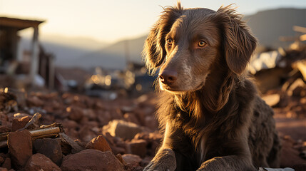 a dog lies on the ruins of a house after a natural disaster or war. 