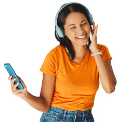 Woman, headphones and streaming music, phone or mobile app isolated on transparent png background....