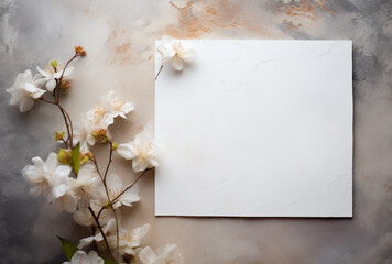 Beautiful flowers background, flat lay. Space for text. Blank sheet of paper and spring cherry blossom background. grunge background. greeting card with branch of blossoming tree background. mocap - obrazy, fototapety, plakaty