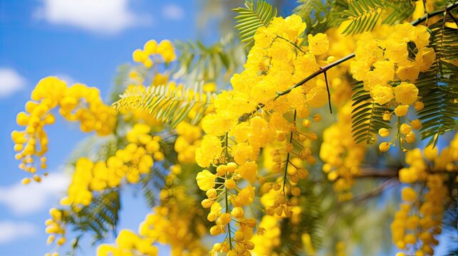  a close up of a tree with yellow flowers and a blue sky with clouds in the backgrounnd.  generative ai