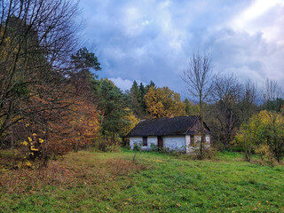 Stary drewniany dom w jesiennym lesie. Wschodnia Europa.