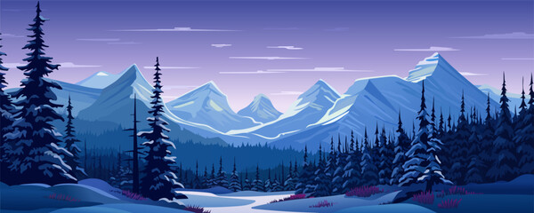 Beautiful night winter panoramic landscape of forest and mountains. Magnificent snow-capped mountains, forest, trees, snowdrifts and an amazing evening sky with clouds. Christmas Eve.