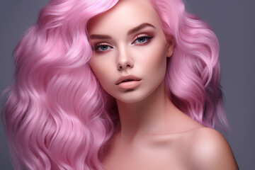 Fototapeta premium Portrait of a beautiful girl with pink hair. Perfect make-up. young woman with pink hair. Beauty, fashion. girl with pink lips. 